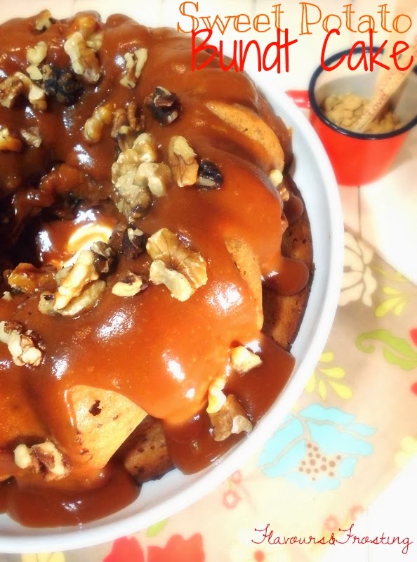 sweet potato bundt cake topped with a salted caramel cream cheese sauce