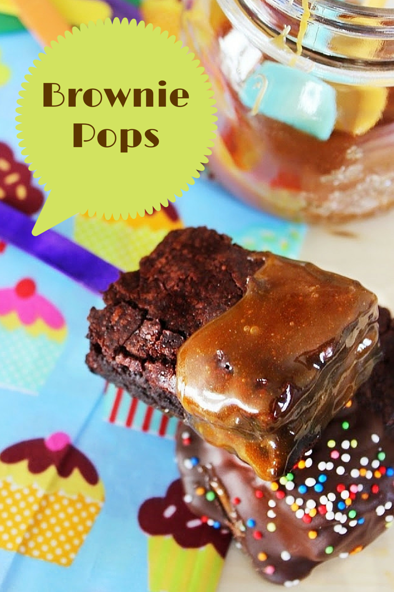 brownies, pops, melted chocolate, caramel sauce