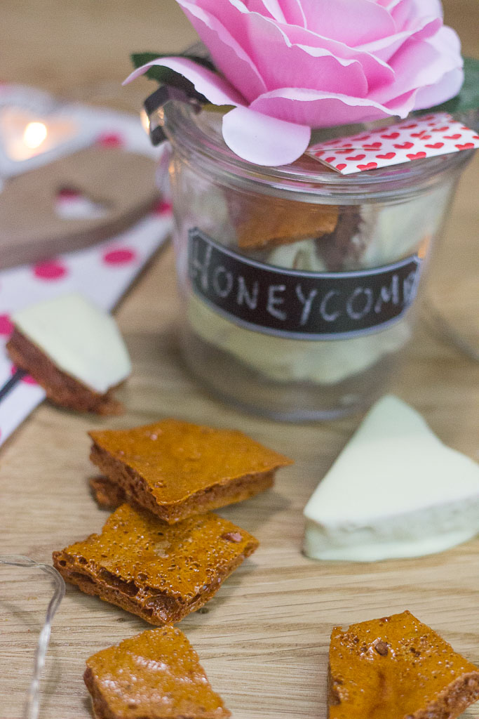 Easy Valentine Treats! A Honeycomb recipe made to taste like my favourite childhood candy bar: Crunchies Chocolate Bar...