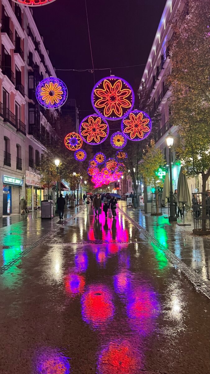 Colorful Christmas lights at night in a street of Madrid