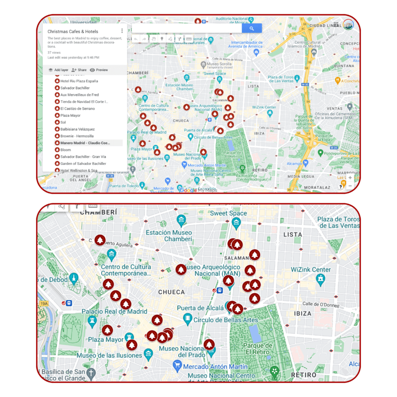 The Most Beautiful Cafes & Hotels For Christmas in Madrid - Digital Map Preview of a digital map with christmas themed custom pins