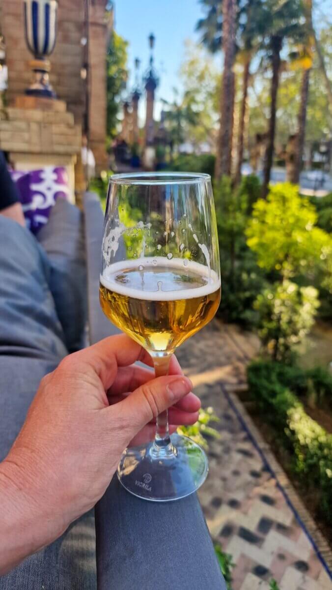 Enjoying a 0% Mahou beer at the Hotel Alfonso XIII in Seville Spain