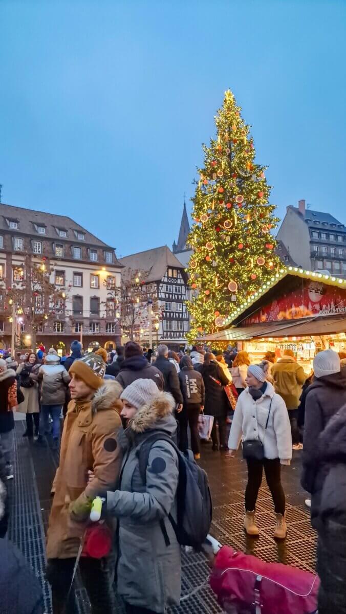 The image captures the festive atmosphere of the famous Strasbourg Christmas Market, also known as the Christkindelsmärik, in France. This market is one of the oldest in Europe, dating back to 1570, and the city is often called the "Capital of Christmas"