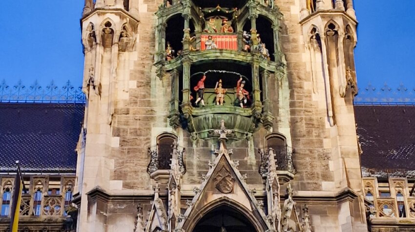 Giant mechanical cuckoo clock on a gothic style building called a Glockenspiel in Munich Germany