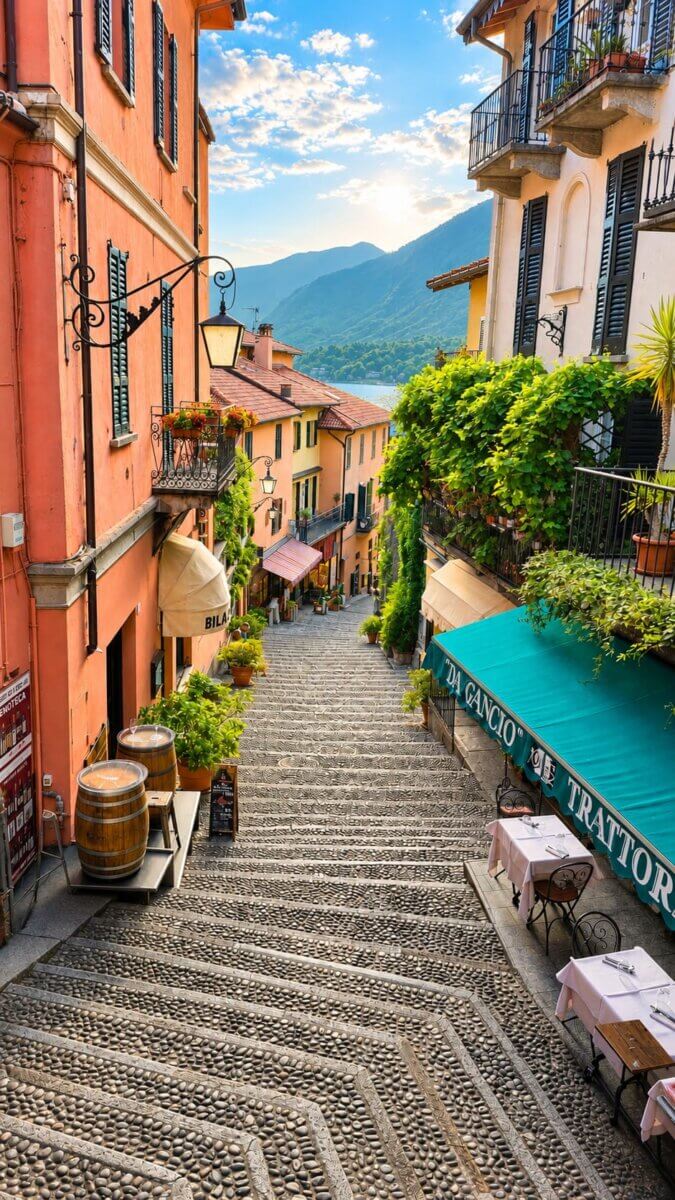 Beautiful Italian street in Lake Como Italy